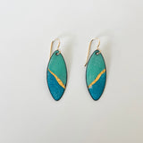 Handcrafted seafoam and ocean blue enamel earrings with textured gold foil inlay by Dawn Carlson Designs. 14 gold fill ear wires.